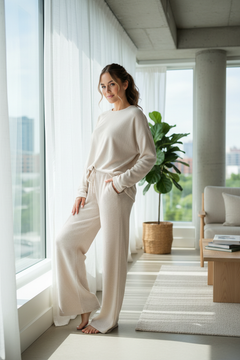 Woman wearing 2-piece loungewear set in modern apartment