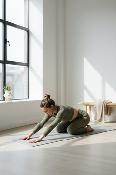 Woman in loungewear set doing yoga stretch in bright studio